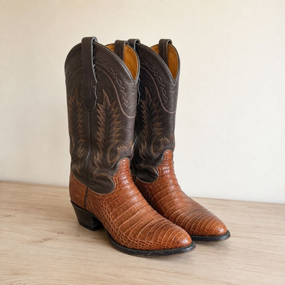 Vintage Tony Lama Caiman Cowboy Boots Mens 9.5 D Brown Exotic Leather 6367 Rodeo